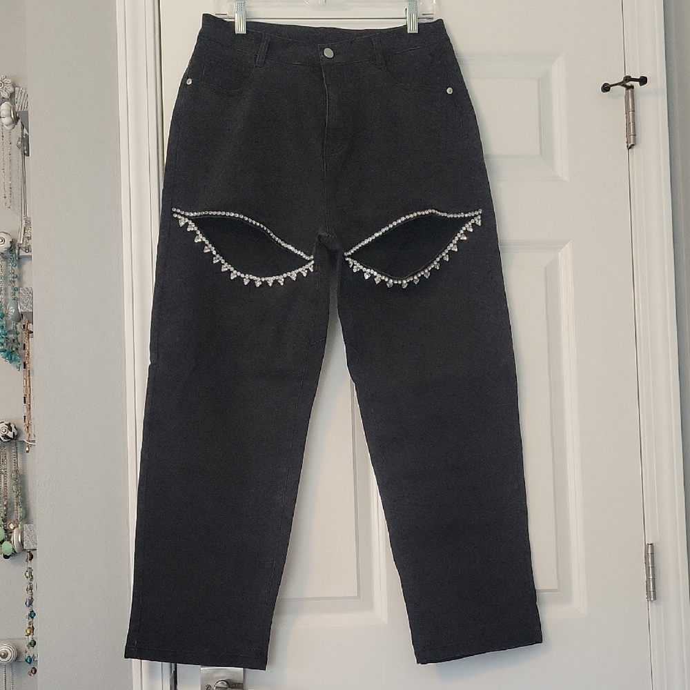 Stylish Black Embellished Cut Out Women's Jeans